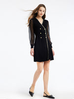Tulle Sleeve V-Neck Double-Breasted Mini Dress GOELIA