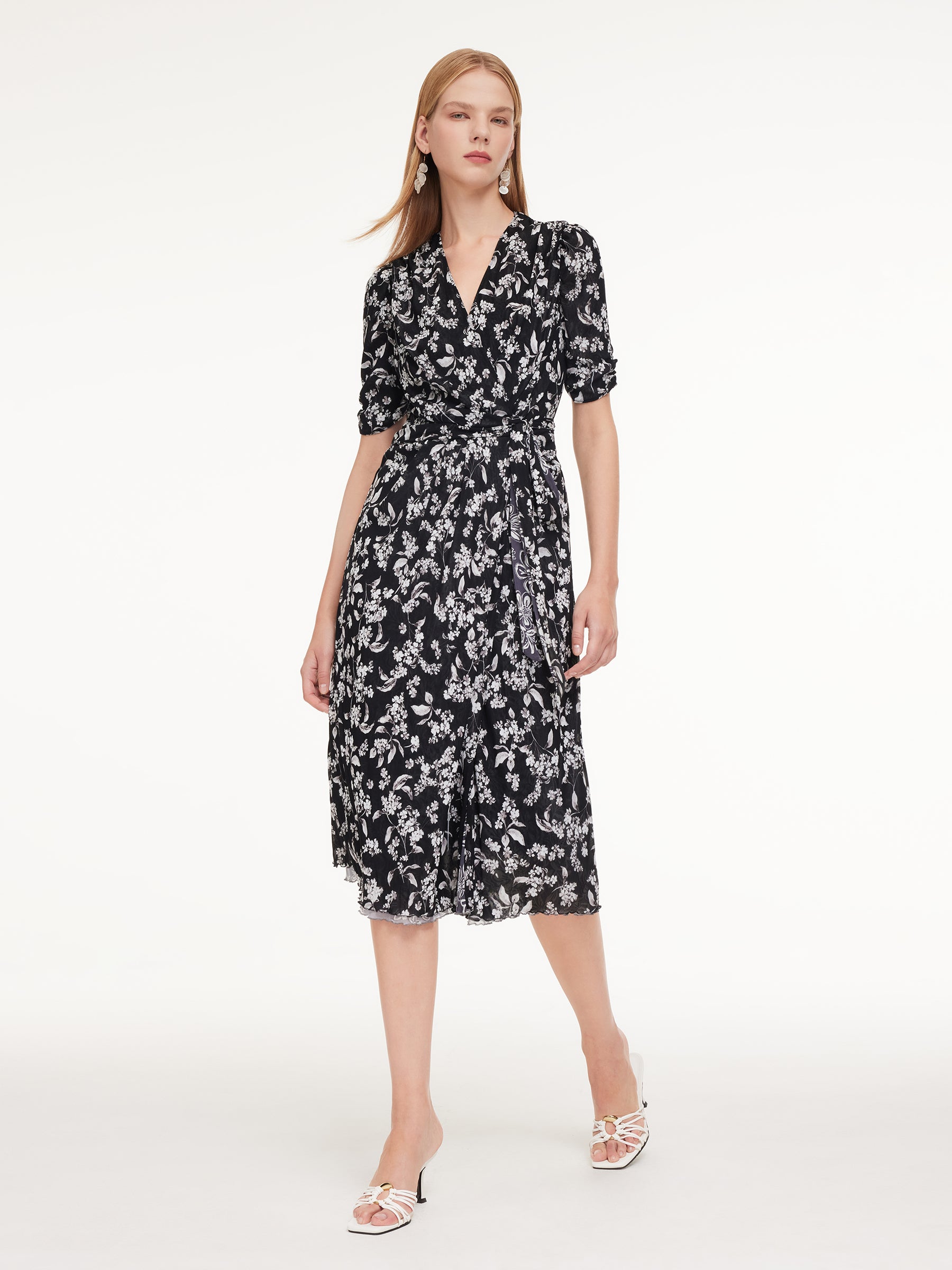 Floral Print Reversible V-Neck Women Wrap Midi Dress With Slip Dress GOELIA