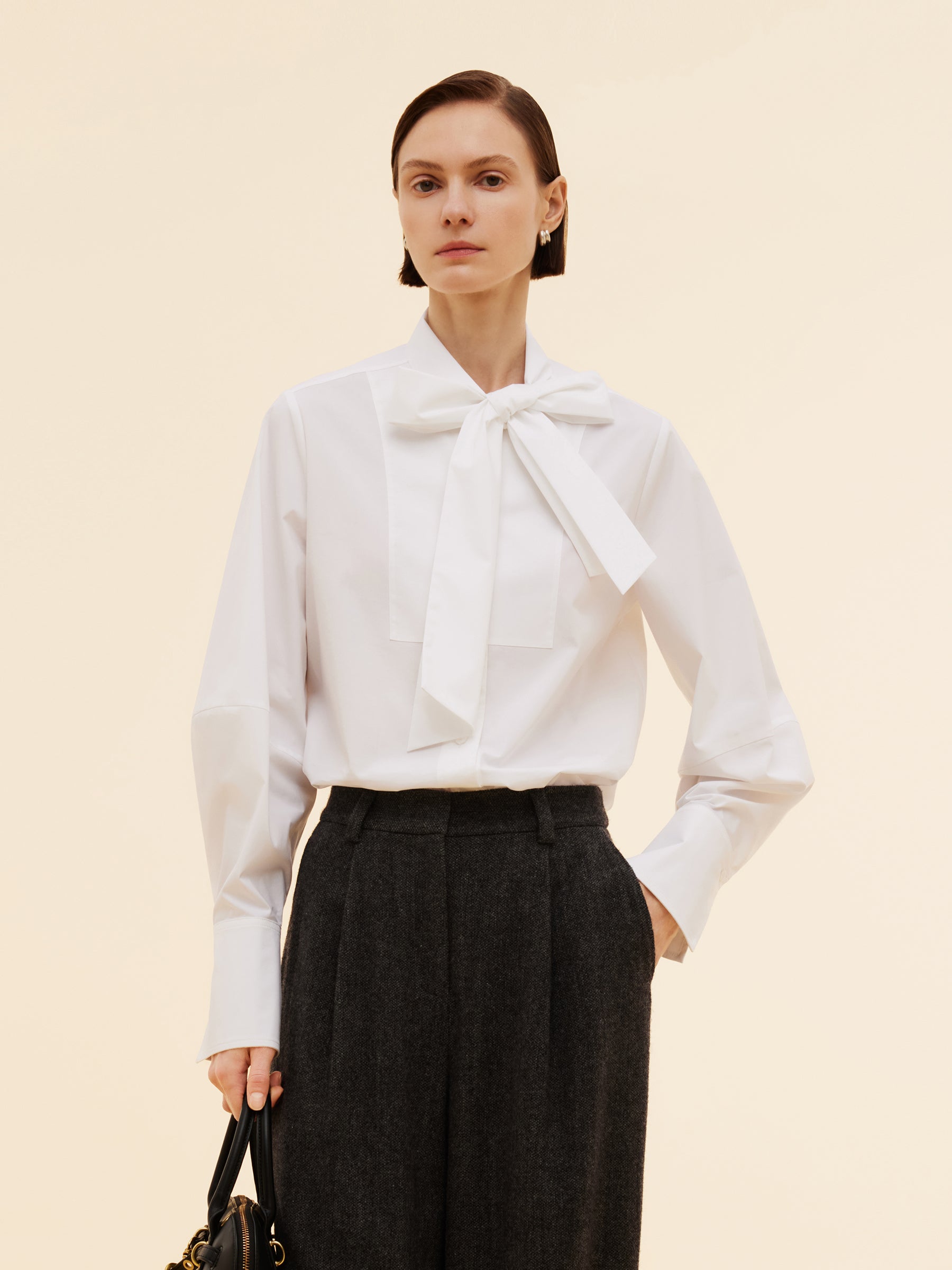 Bow Tie Front Balloon Sleeve Women Loose Shirt GOELIA