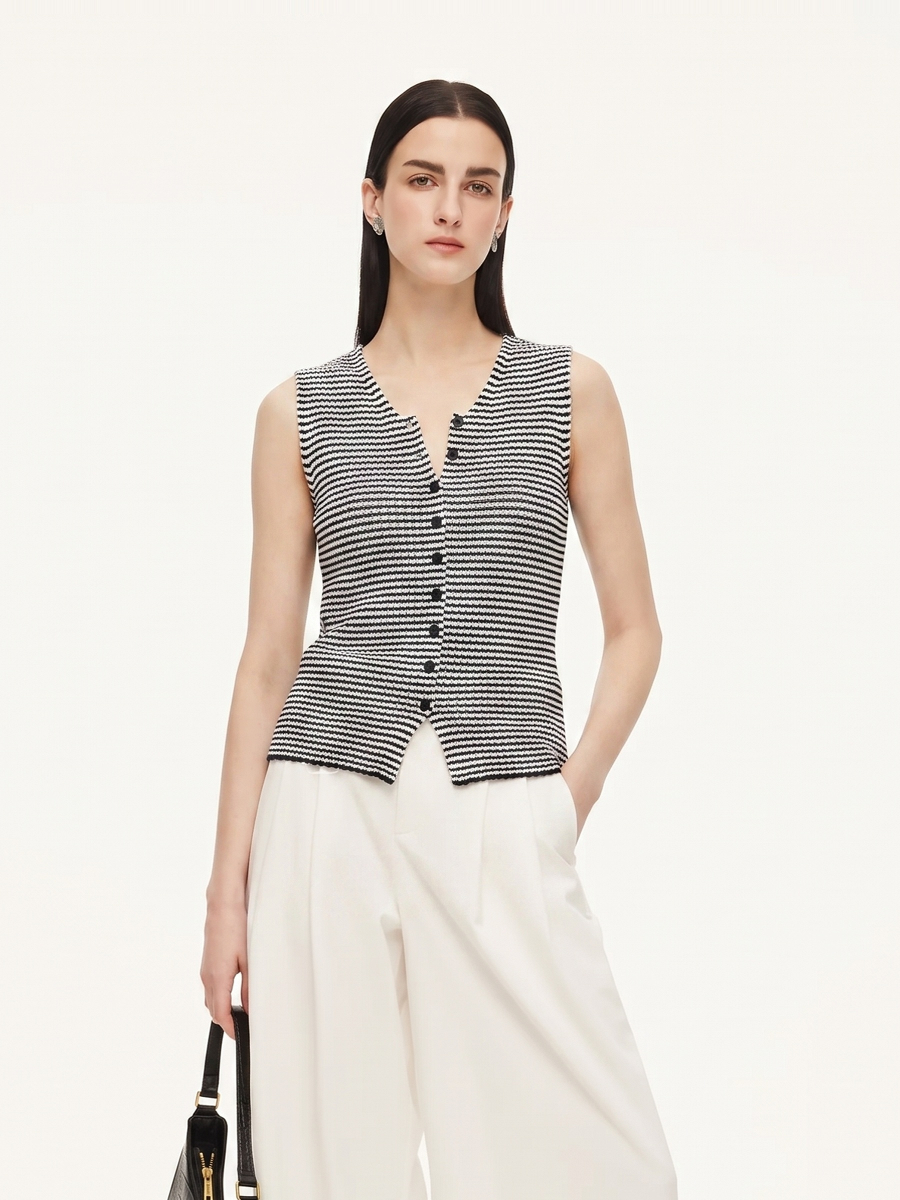 Cotton Blend Black And White Stripe Women Knit Vest GOELIA