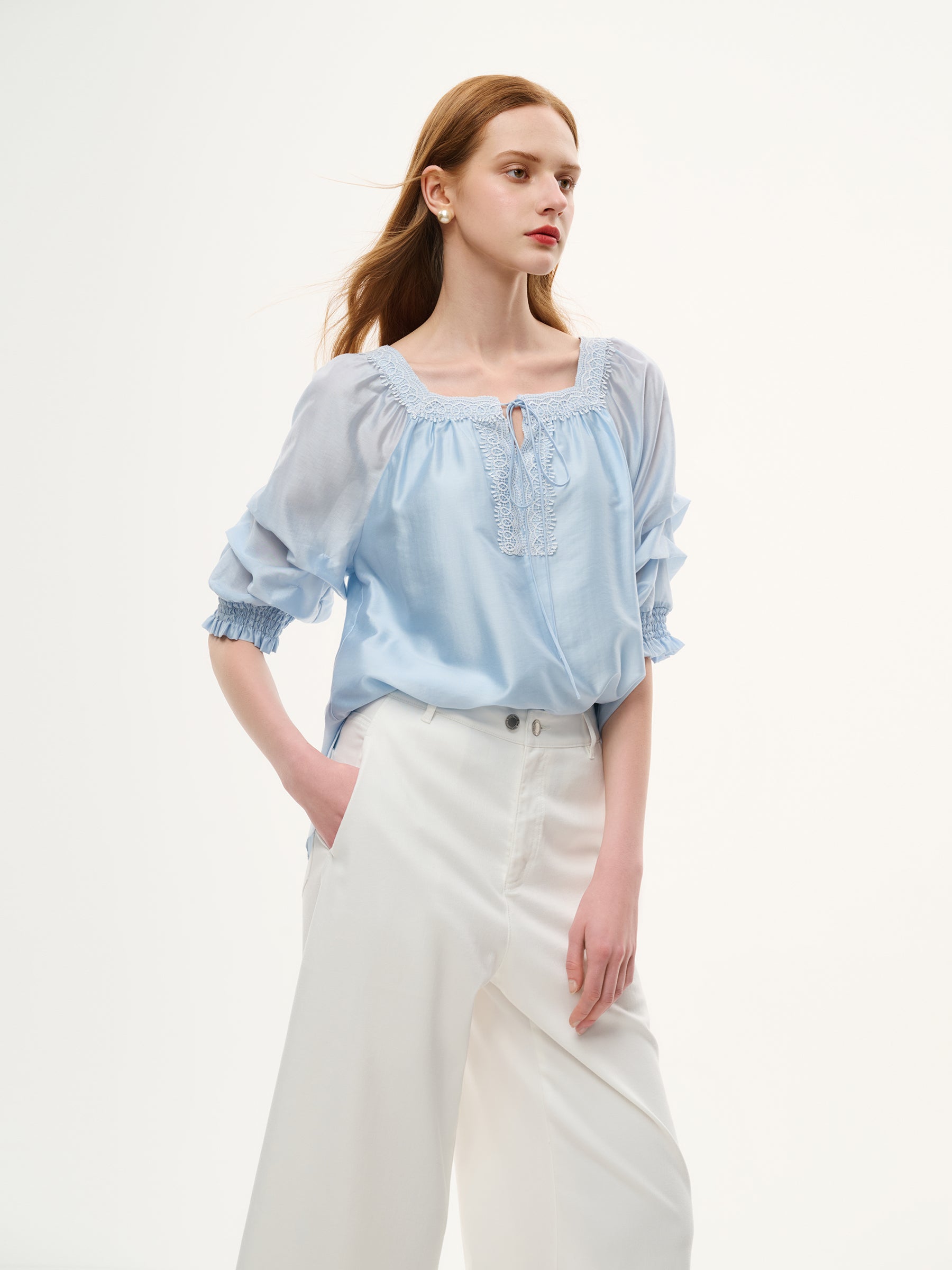 Tencel Blend Embroidered Square Neck Women Blouse GOELIA
