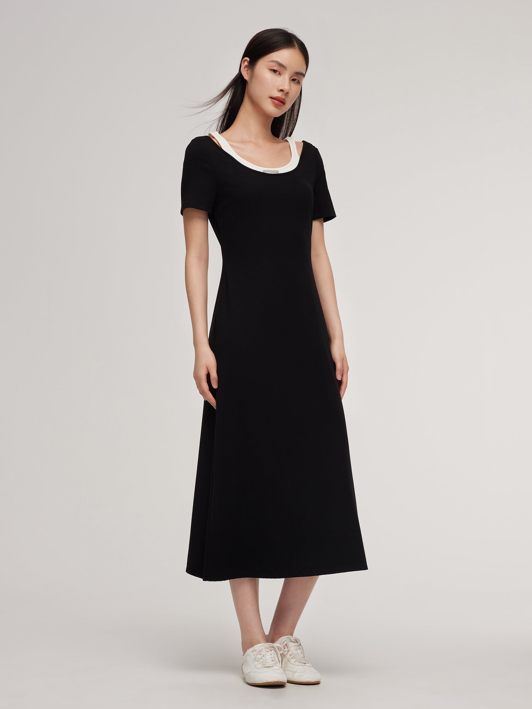 Faux Two-Piece Patchwork Slim Fit Women T-Shirt Maxi Dress GOELIA