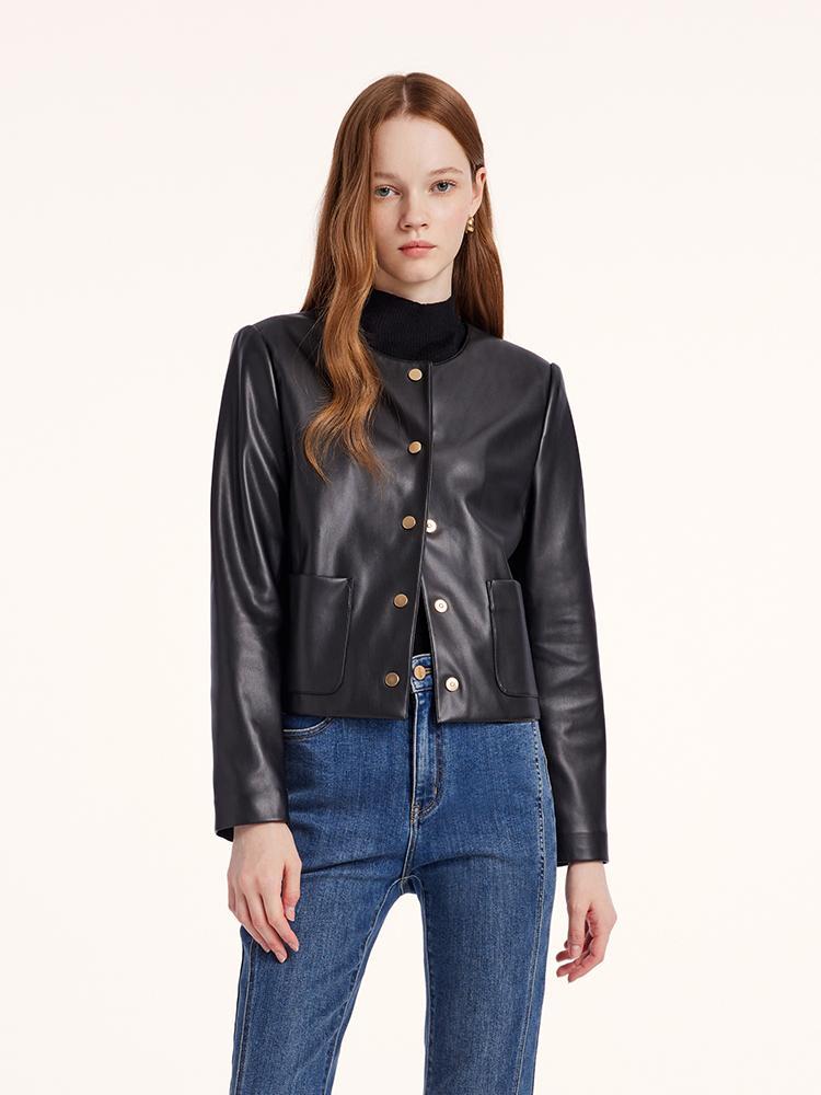 Round Neck Synthetic Leather Jacket GOELIA