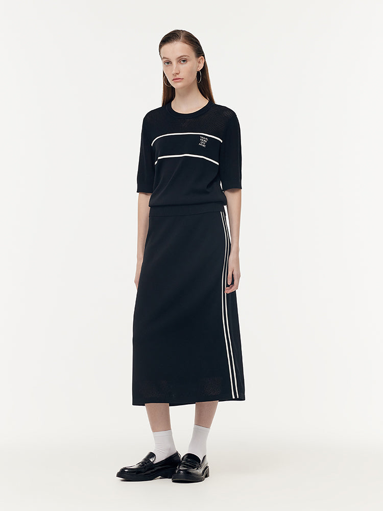 Contrast Stitch Knit Top And Skirt Two-Piece Set GOELIA