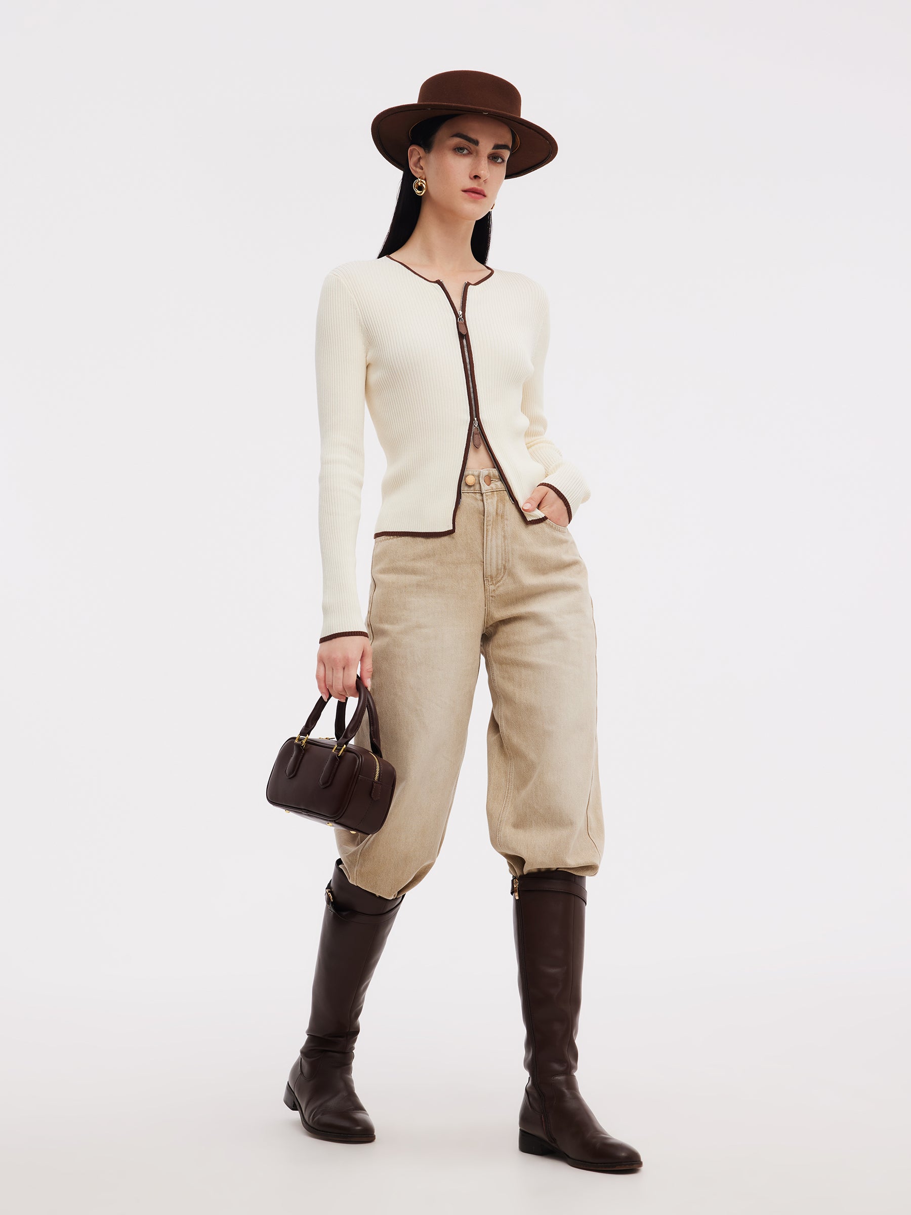 Tencel Blend Contrast Trim Zip-Up Women Cardigan GOELIA