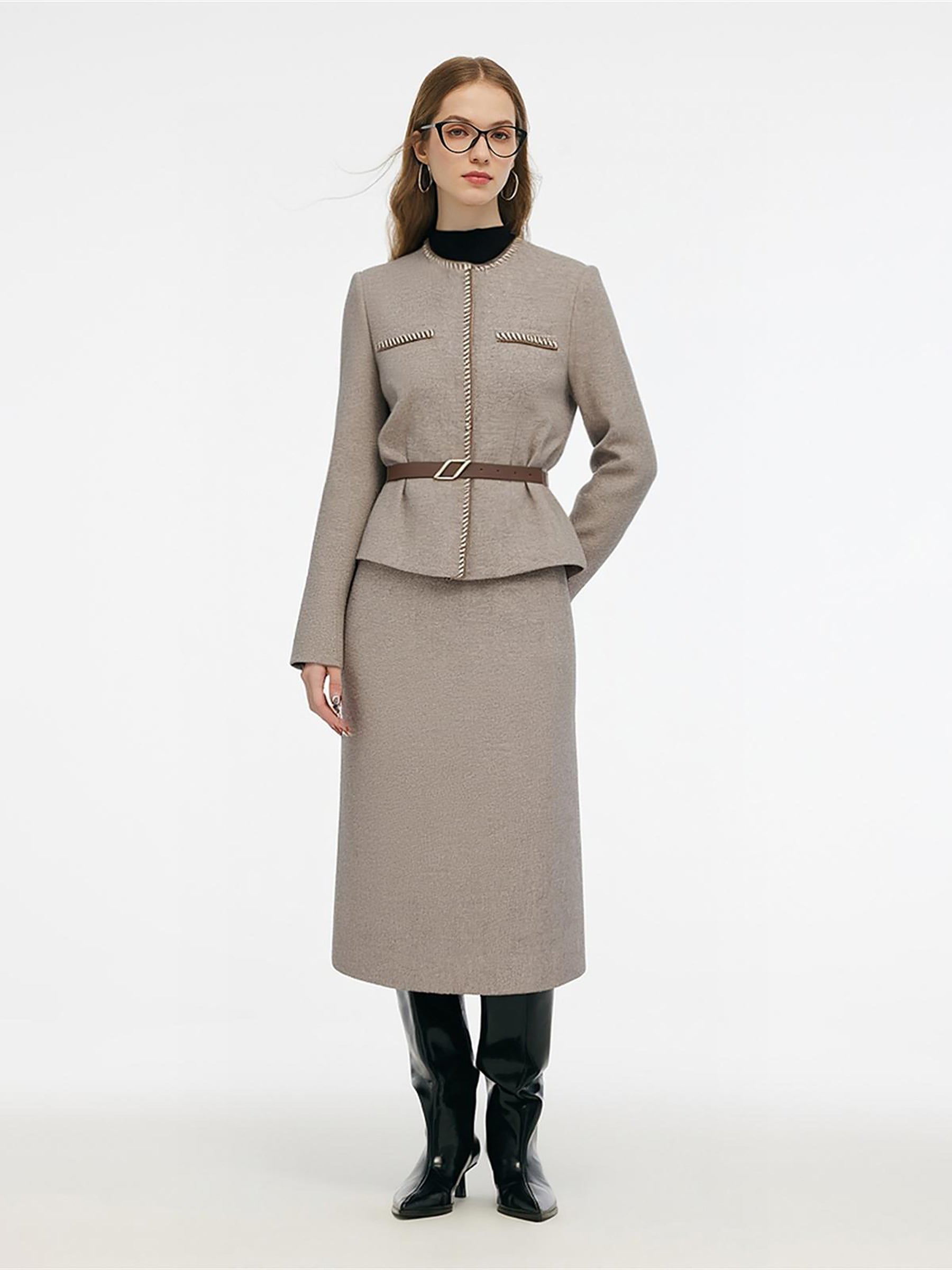 [Preview] 100% Washable Wool Jacket And Skirt Two-Piece Set With Belt GOELIA