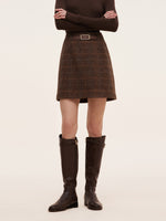 100% Wool Plaid Women Skirt With Leather Belt GOELIA