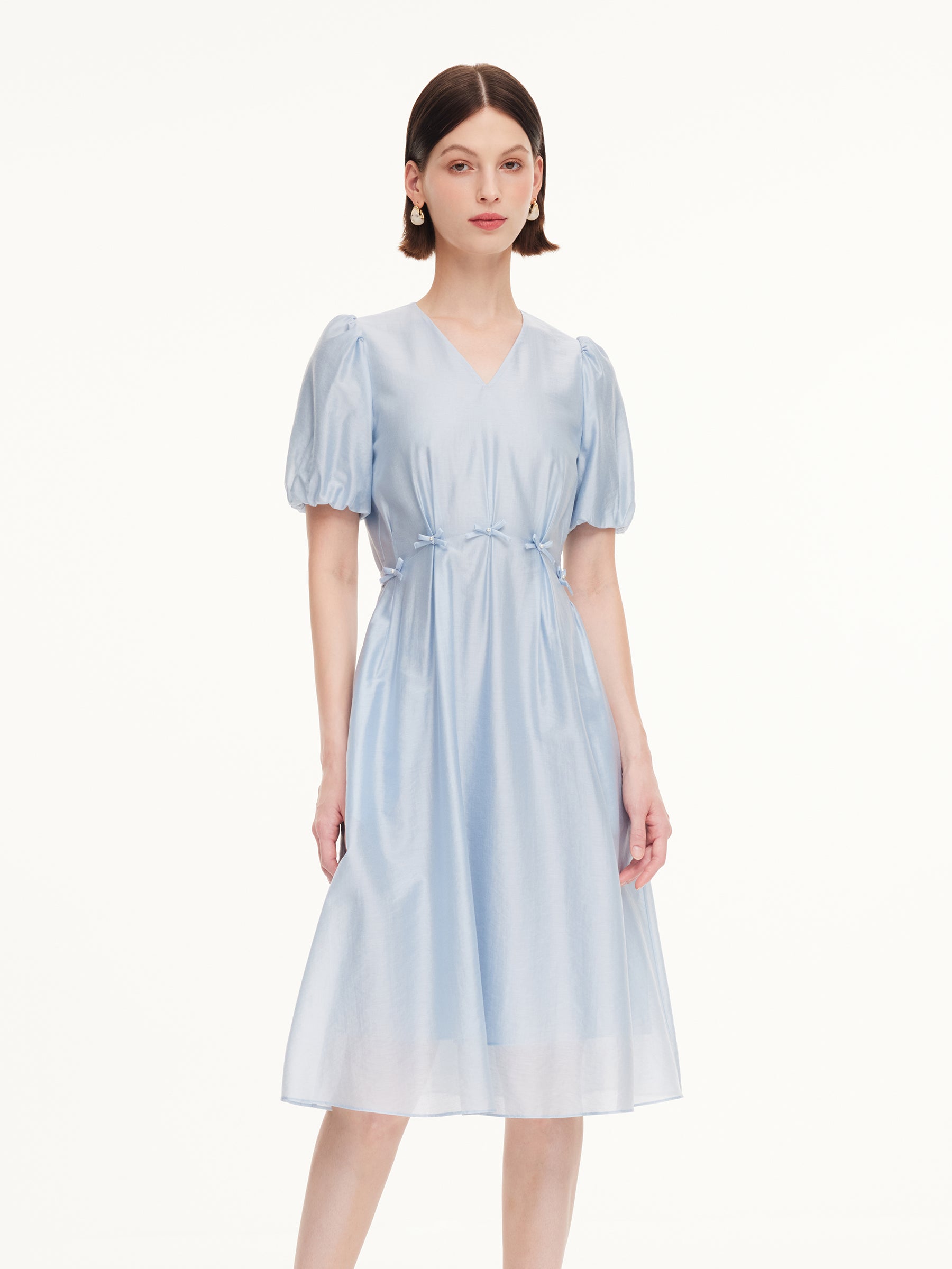 Lyocell Blend Bowknot Waist Women V-Neck Midi Dress GOELIA