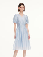 Lyocell Blend Bowknot Waist Women V-Neck Midi Dress GOELIA