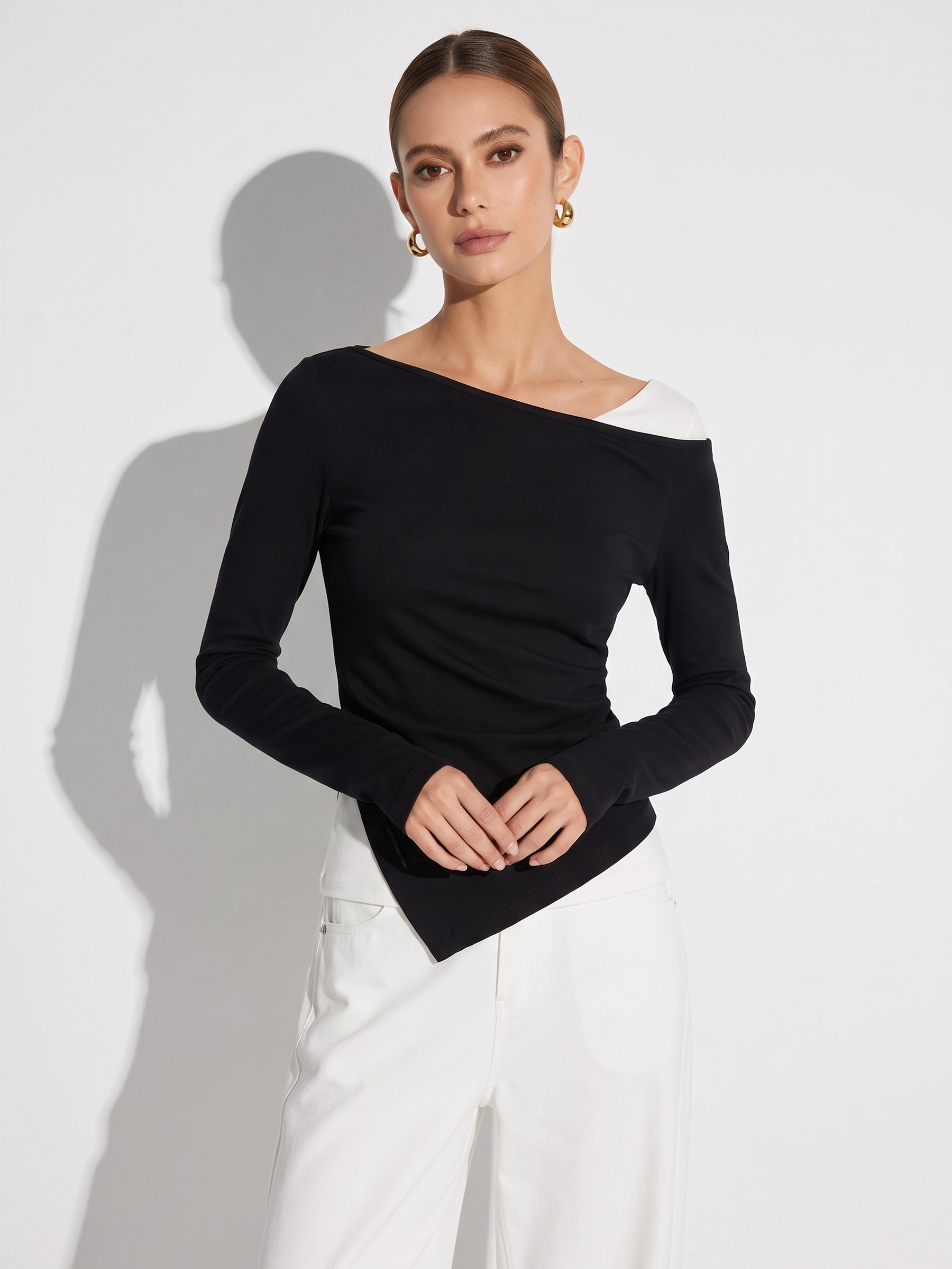 Boat Neck Asymmetrical Hem Women Color Block Knit Top GOELIA