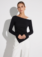 Boat Neck Asymmetrical Hem Women Color Block Knit Top GOELIA