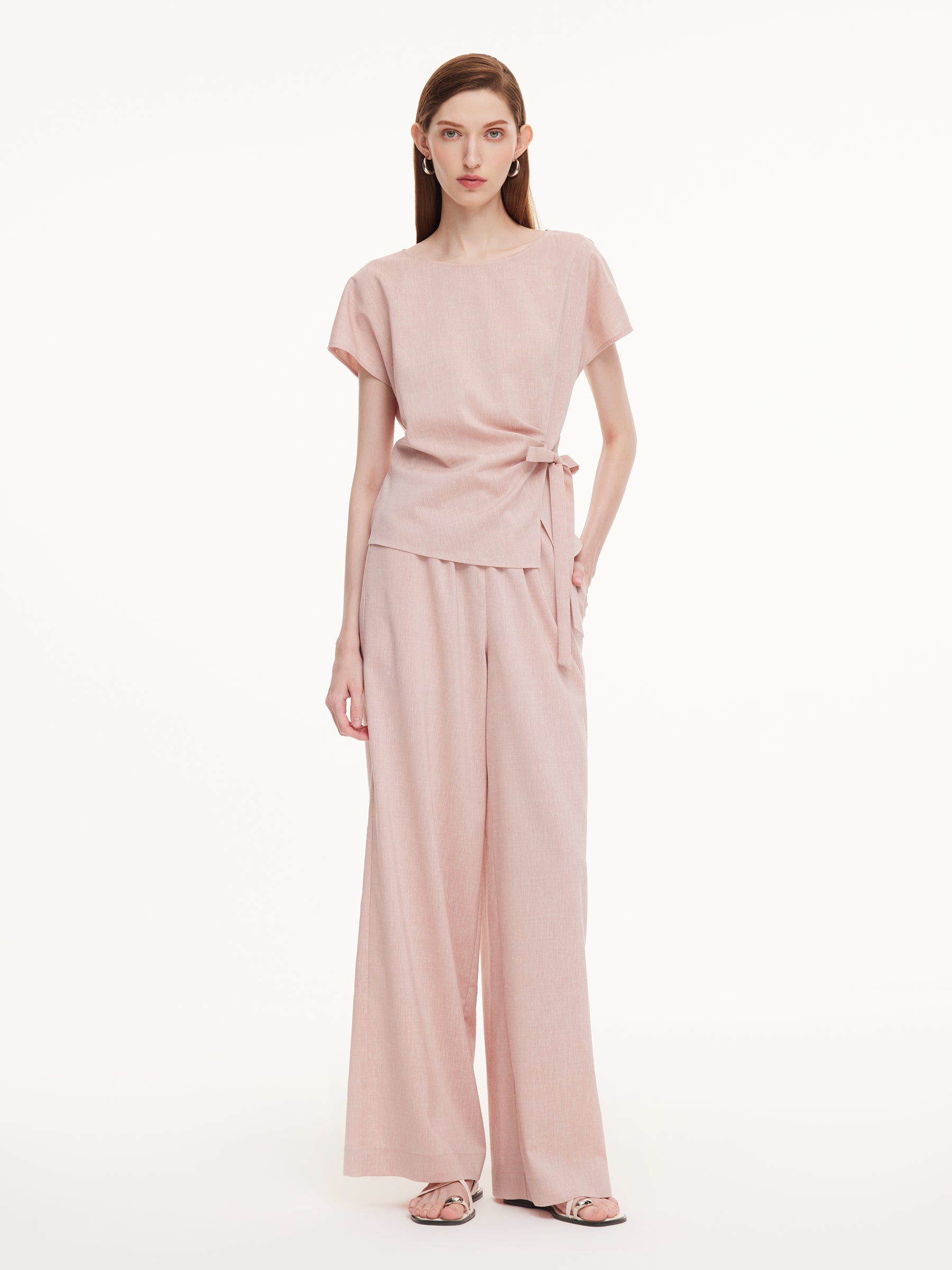 Tencel Linen Blend Side Tie Top And Pants Two-Piece Set GOELIA