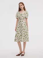 Acetate Blend Floral Print Women V-Neck Midi Dress With Belt GOELIA