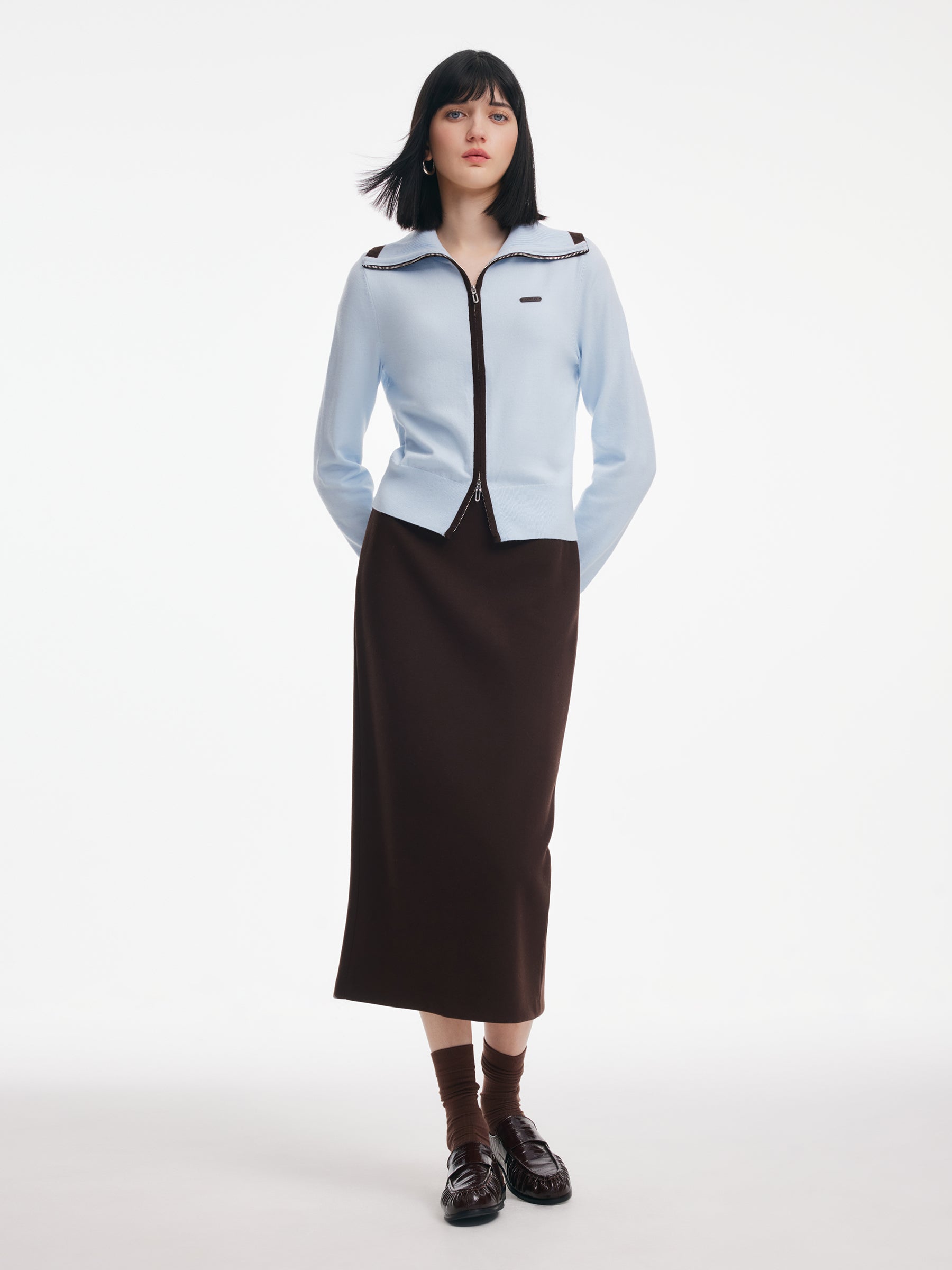 Contrast Trim Lapel Zip-Up Cardigan And Skirt Two-Piece Set GOELIA