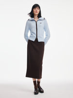 Contrast Trim Lapel Zip-Up Cardigan And Skirt Two-Piece Set GOELIA
