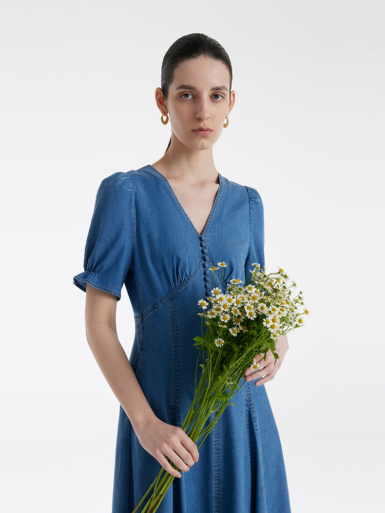 Gina Gathered Knotted Denim Midi Shirt Dress