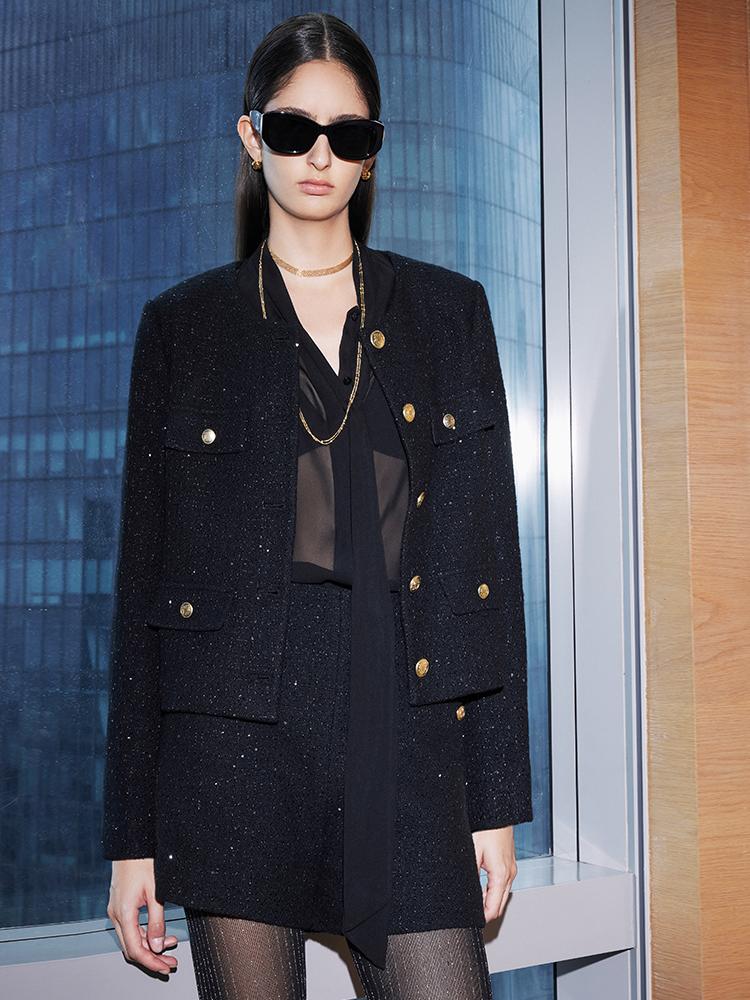 Elegant Black Tweed Cropped Women Jacket GOELIA
