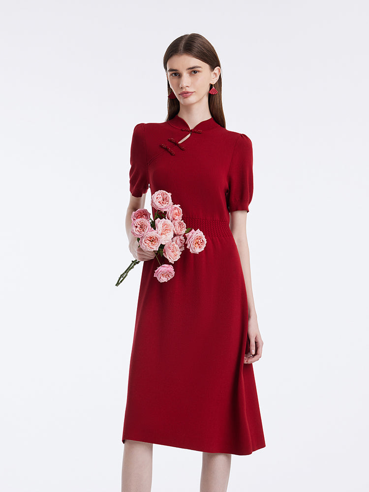 New Chinese-Style Mandarin Collar Knitted Women Midi Dress GOELIA