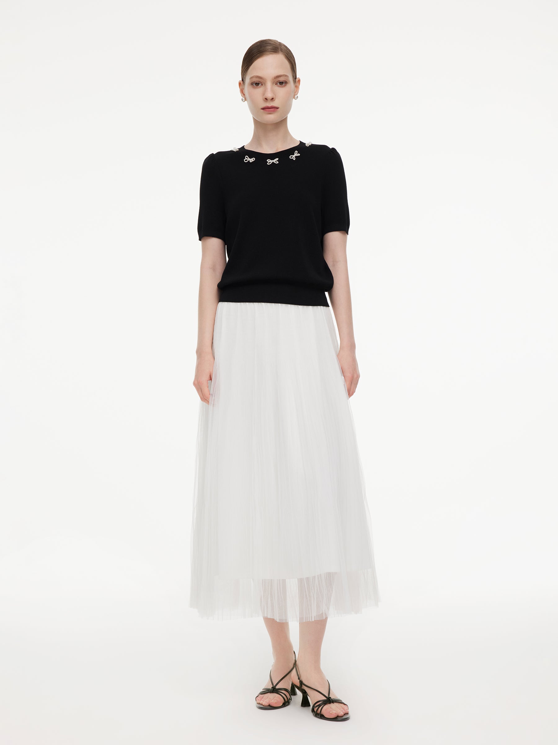 Lyocell Blend Beaded Bowknot Women Knit Top GOELIA