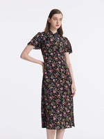 Mulberry Silk Slit Rose Printed Women Qipao Midi Dress GOELIA