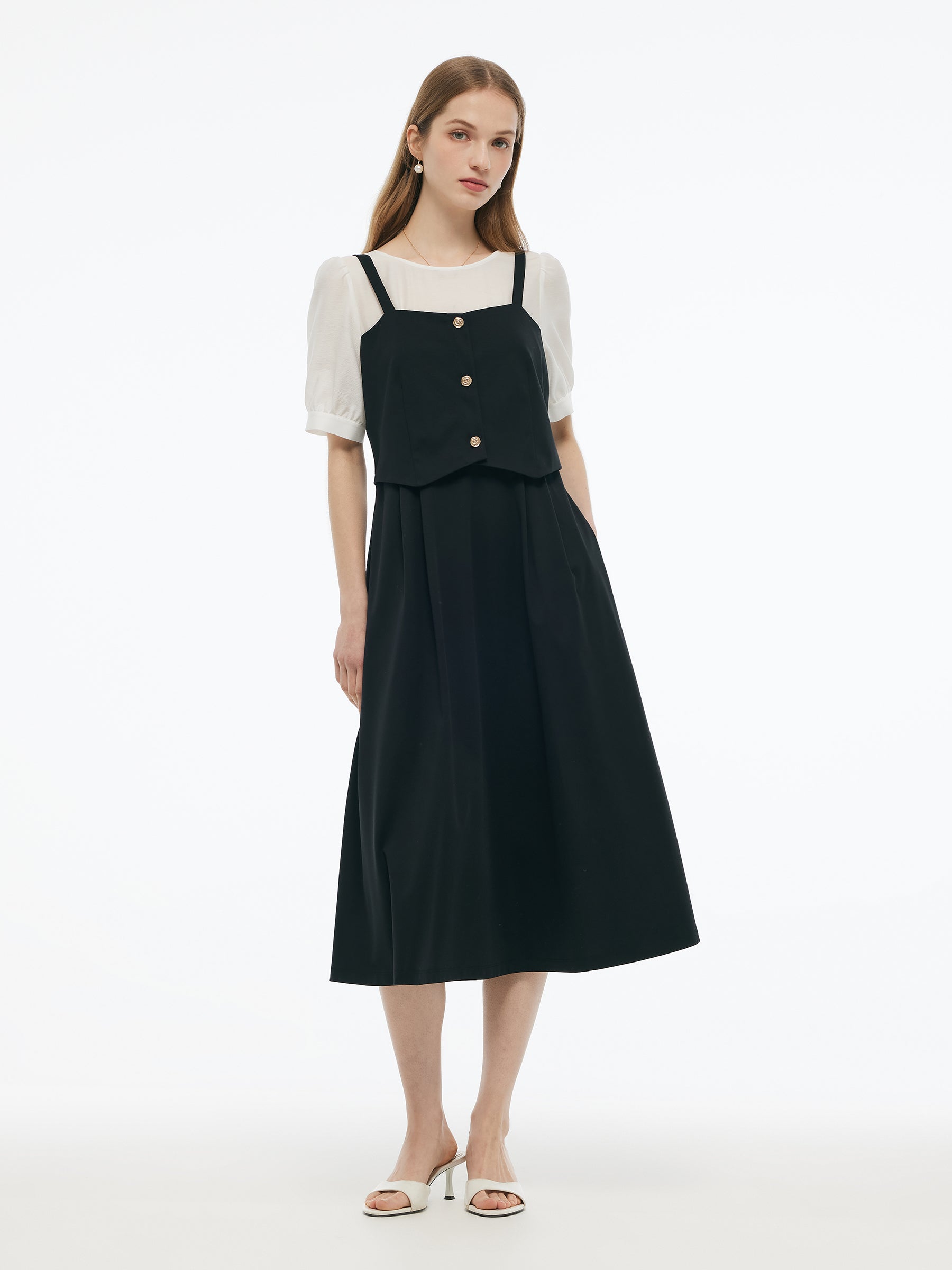 Tencel Blend Mock Layered Women A-Line Maxi Dress GOELIA