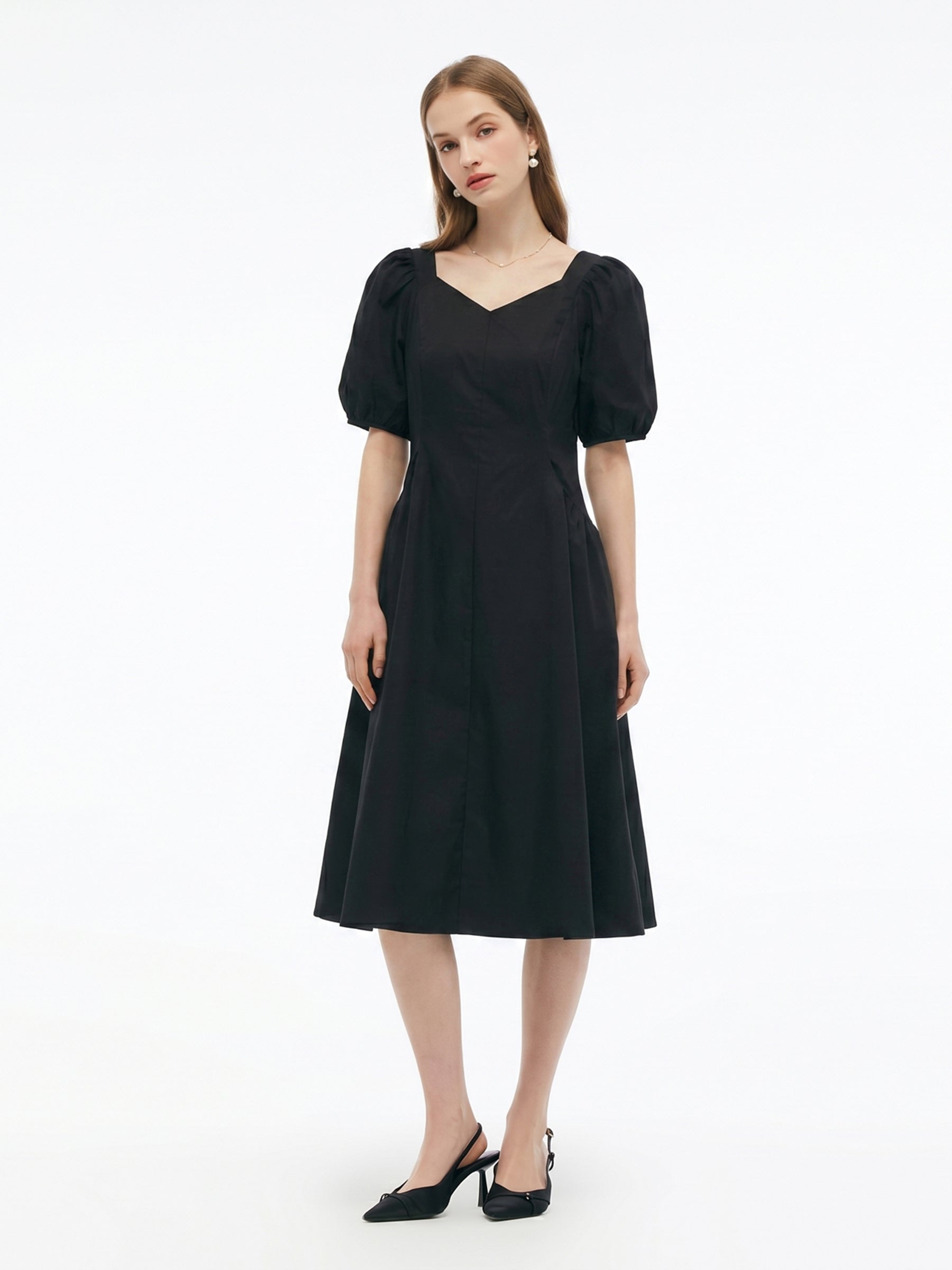 Cotton Blend Square Neck Women Puff Sleeve Midi Dress GOELIA