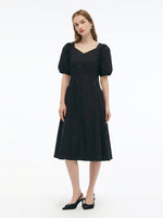 Cotton Blend Square Neck Women Puff Sleeve Midi Dress GOELIA