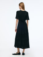 Pleated V-Neck Women A-Line Tie Belt Maxi Dress GOELIA
