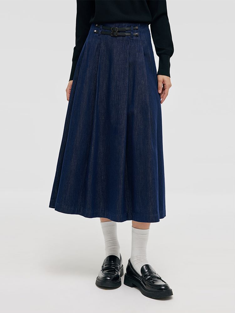 Denim Pleated Women Half Skirt GOELIA