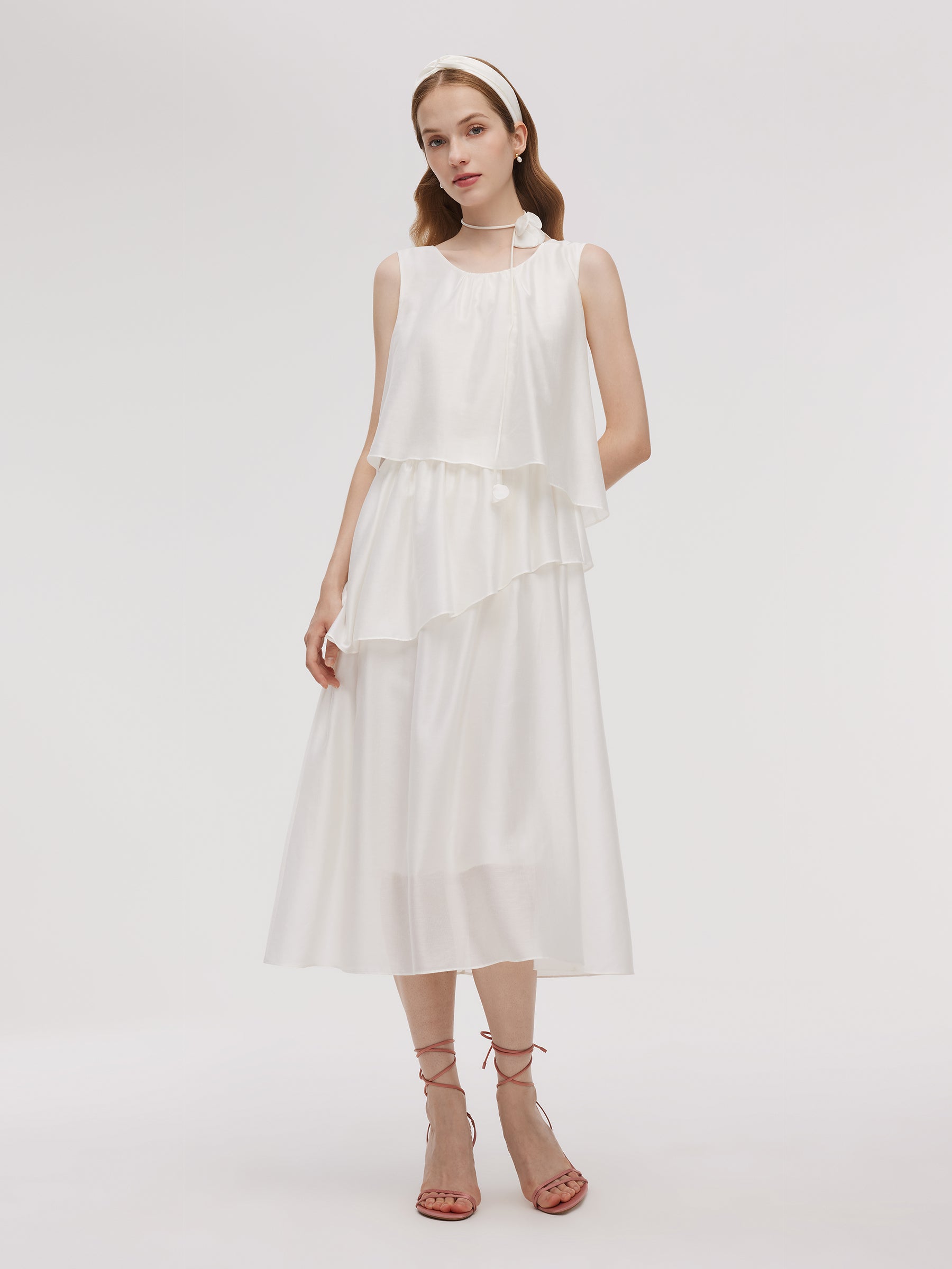 Tencel Blend Ruffle Women Tiered Sleeveless Midi Dress GOELIA