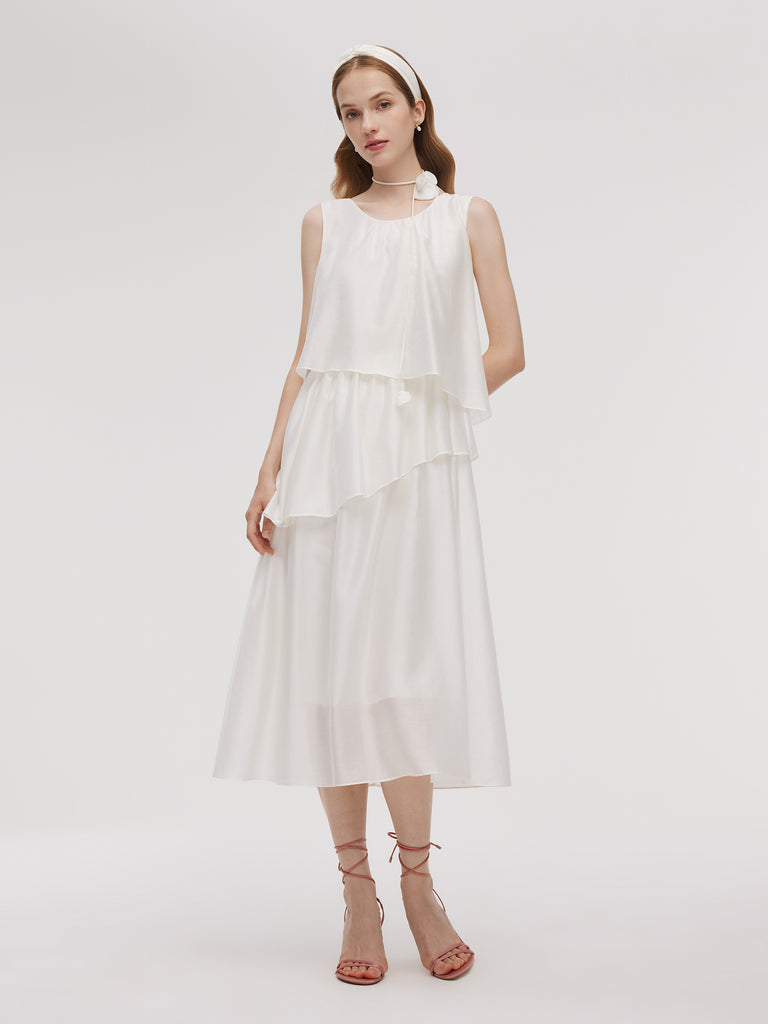 Tencel Blend Sequins Embroidered Women Midi Dress With Tie String Belt