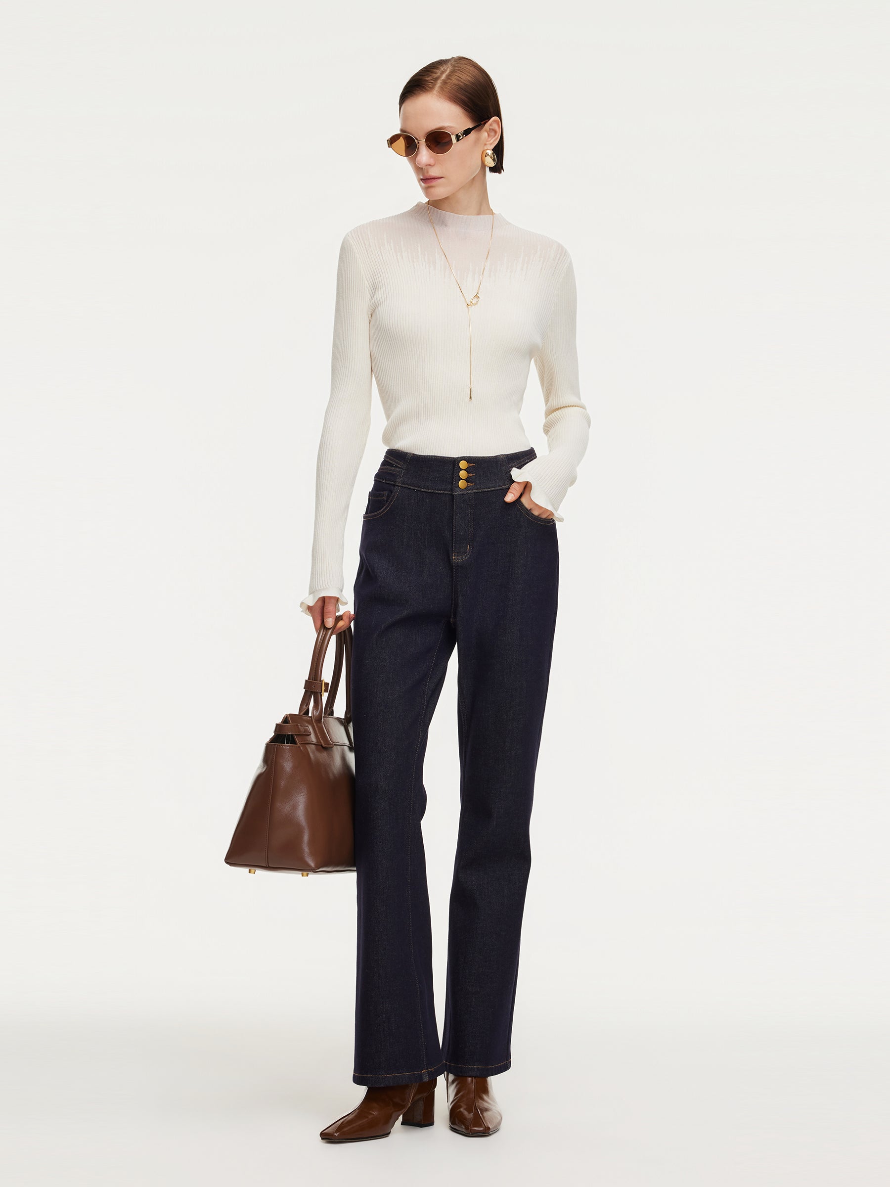 Denim High-Waisted Stretch Fleece Lined Women Micro-Flared Jeans GOELIA