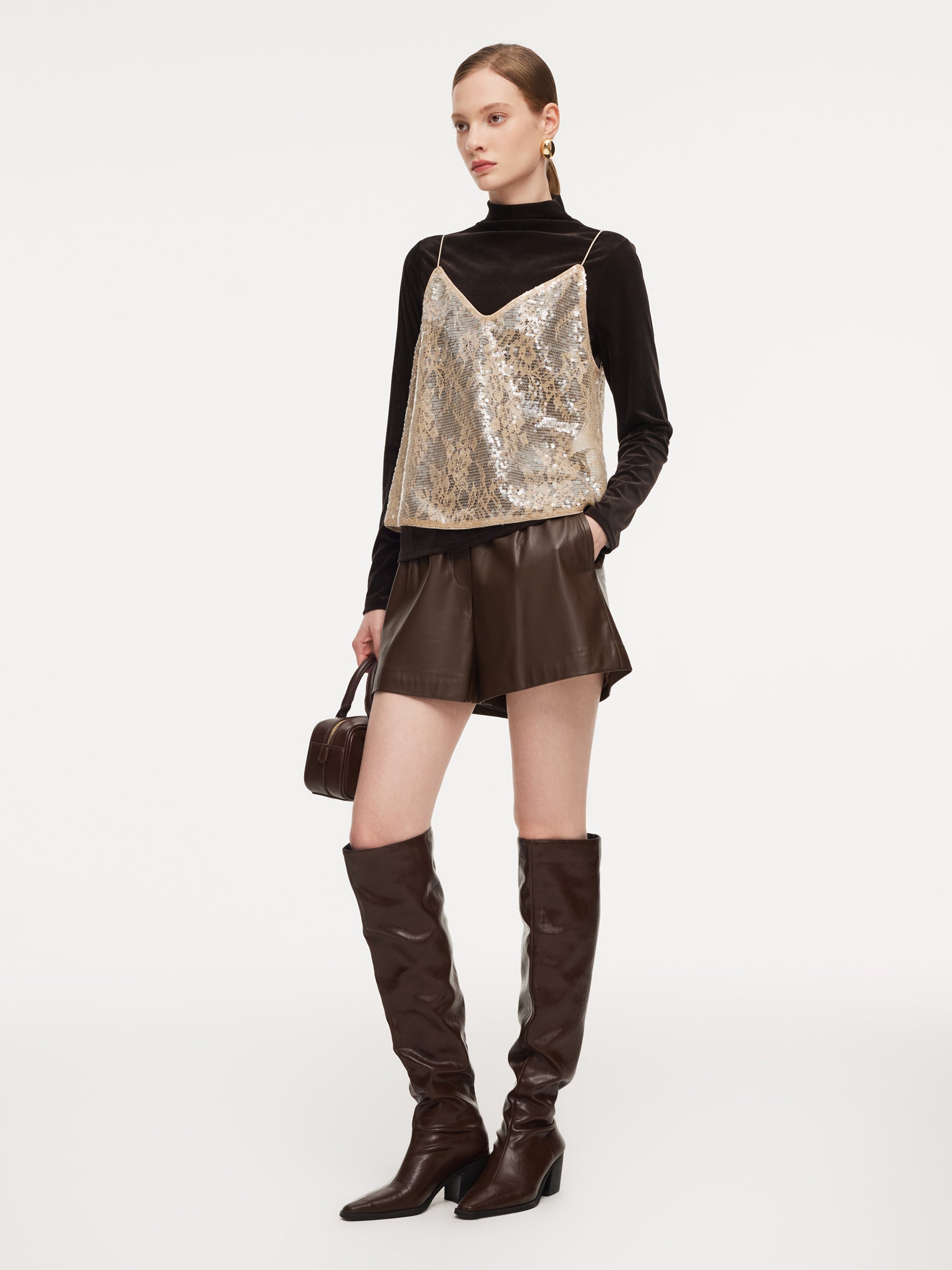 Lace Sequins Camisole And Velvet Knit Top Two-Piece Set GOELIA