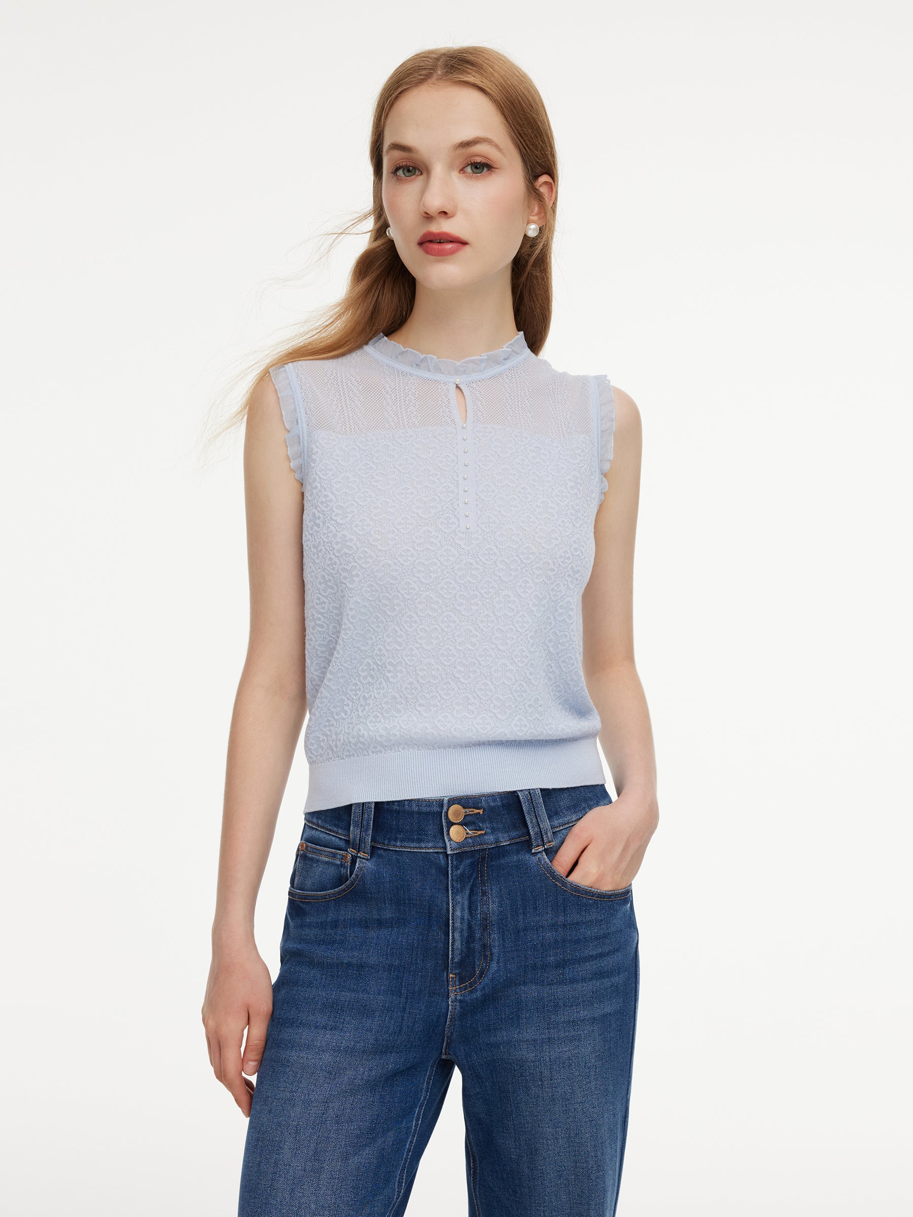 Tencel Wool Blend Jacquard Cut Out Neckline Women Tank Top GOELIA