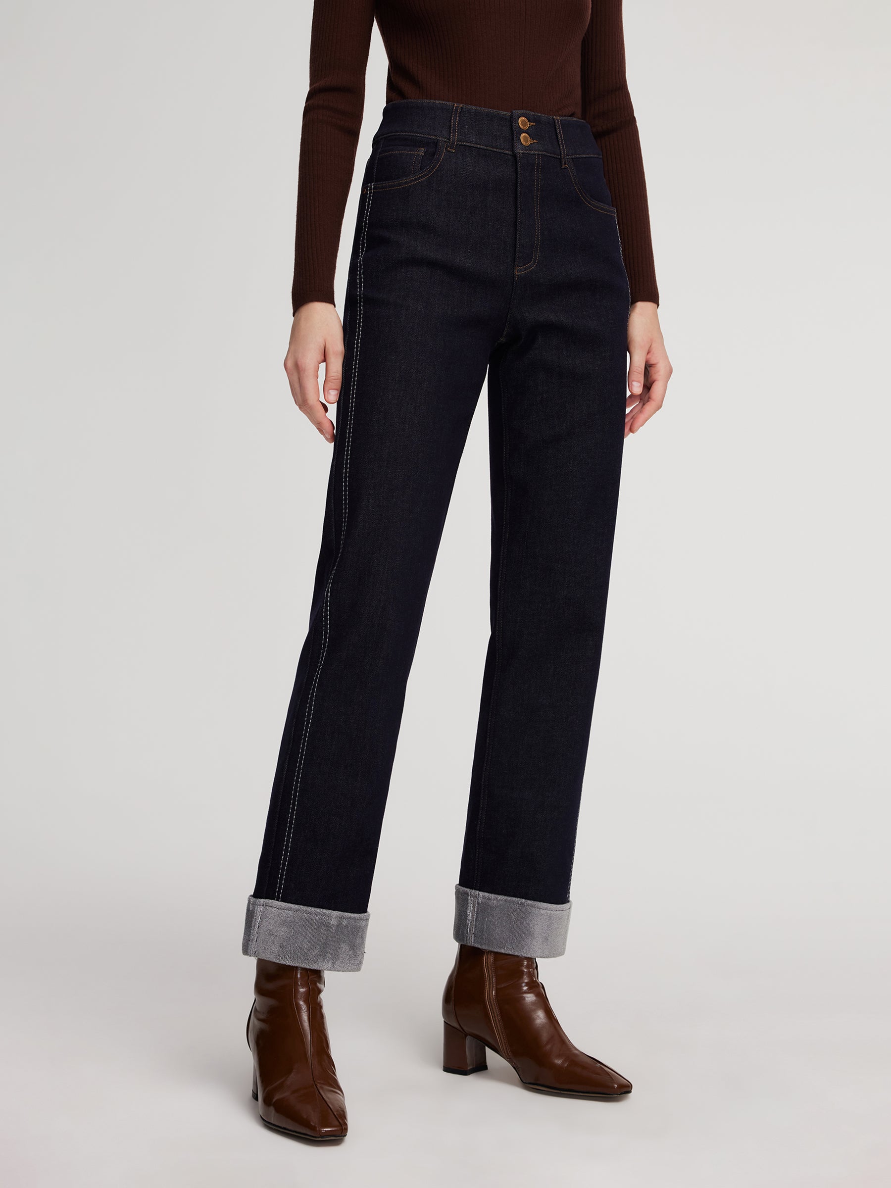 [Preview] Denim High-Waisted Fleece Lined Women Folded Jeans GOELIA