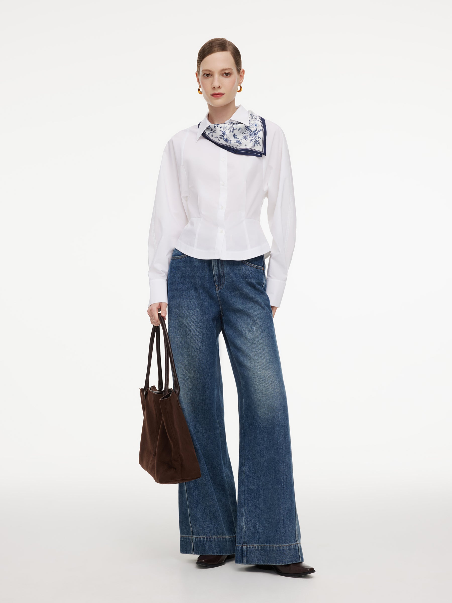 Cotton Blend Gather-Waisted Women Shirt With Silk Scarf GOELIA