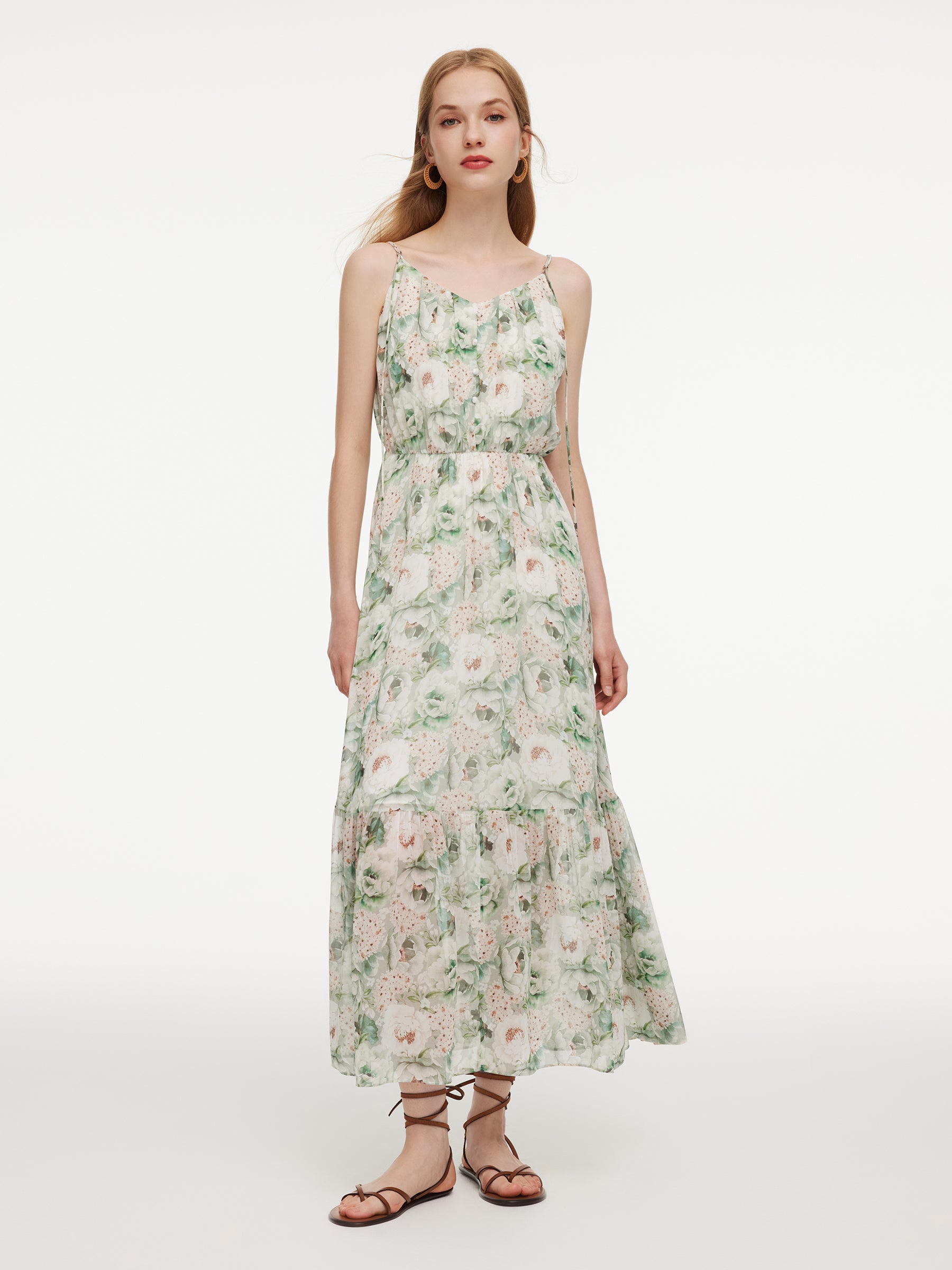 10MM Mulberry Silk Floral Print Women Strap Maxi Dress GOELIA