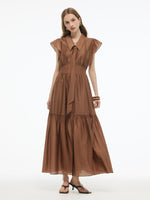Tencel Blend Women Ruffle Cap Sleeve Maxi Dress With Sash GOELIA