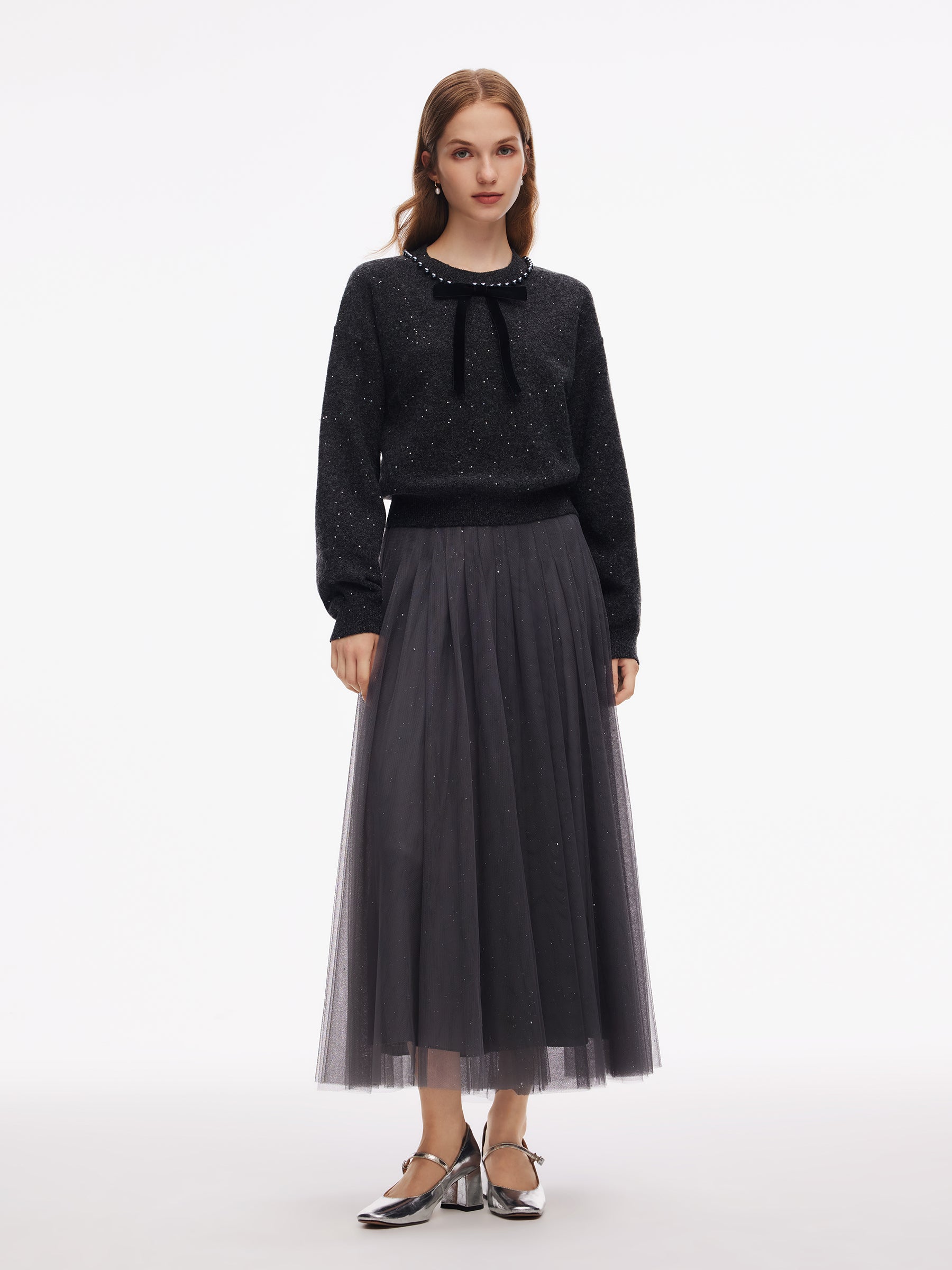 Sequins Beaded Round Neck Women Knit Top GOELIA