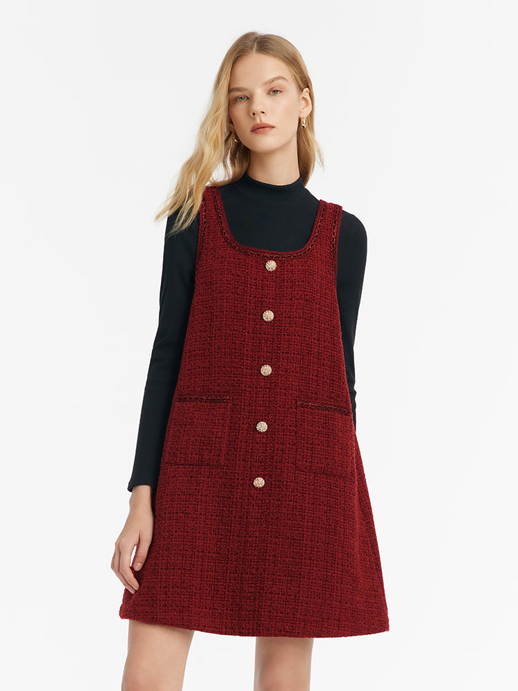 Tweed Vest Dress with Pleated Skirt Detail - Pink/White