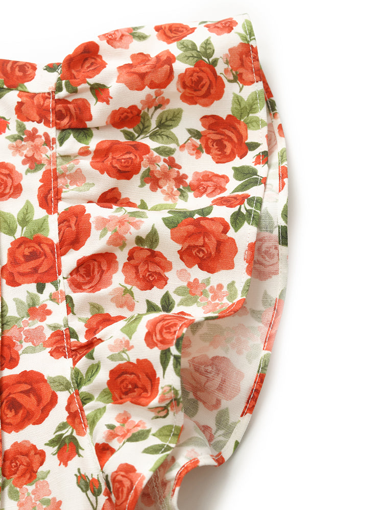 Rose Printed Ruffle Sleeves Mandarin Collared Women Mini Dress GOELIA