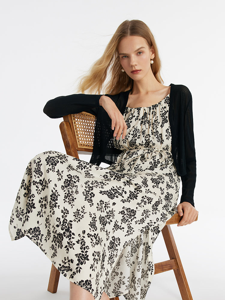 Camellia Printed Spaghetti Strap Dress And Knitted Cardigan Two-Piece Set GOELIA