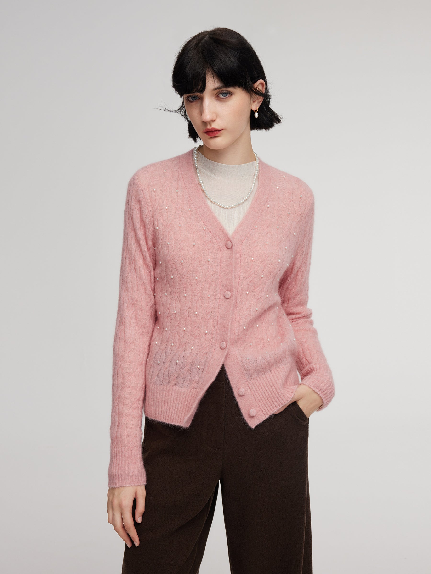 Mohair Wool Blend Beaded Women V-Neck Cardigan GOELIA