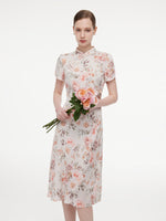 [Preview] 19MM Mulberry Silk Floral Print Women Qipao Midi Dress GOELIA