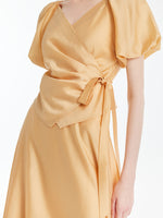 Puff Sleeves Wrapped Top And Skirt With Bottomed Camisole Three-Piece Set GOELIA