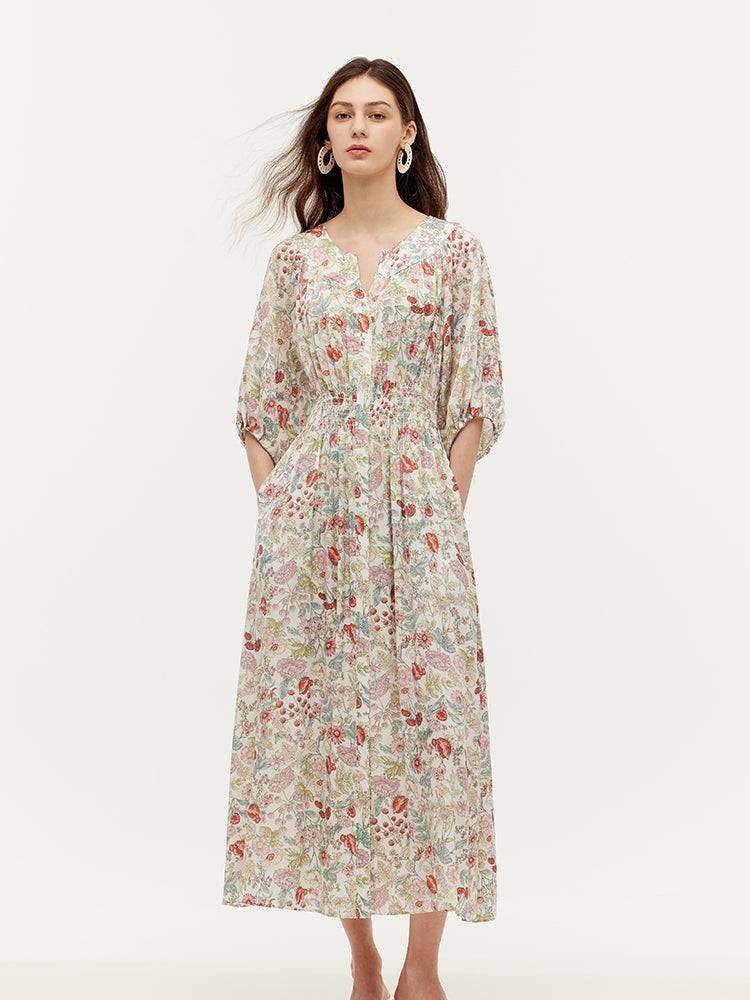 19 Momme Mulberry Silk Floral Print Ruched Waist Women Maxi Dress GOELIA