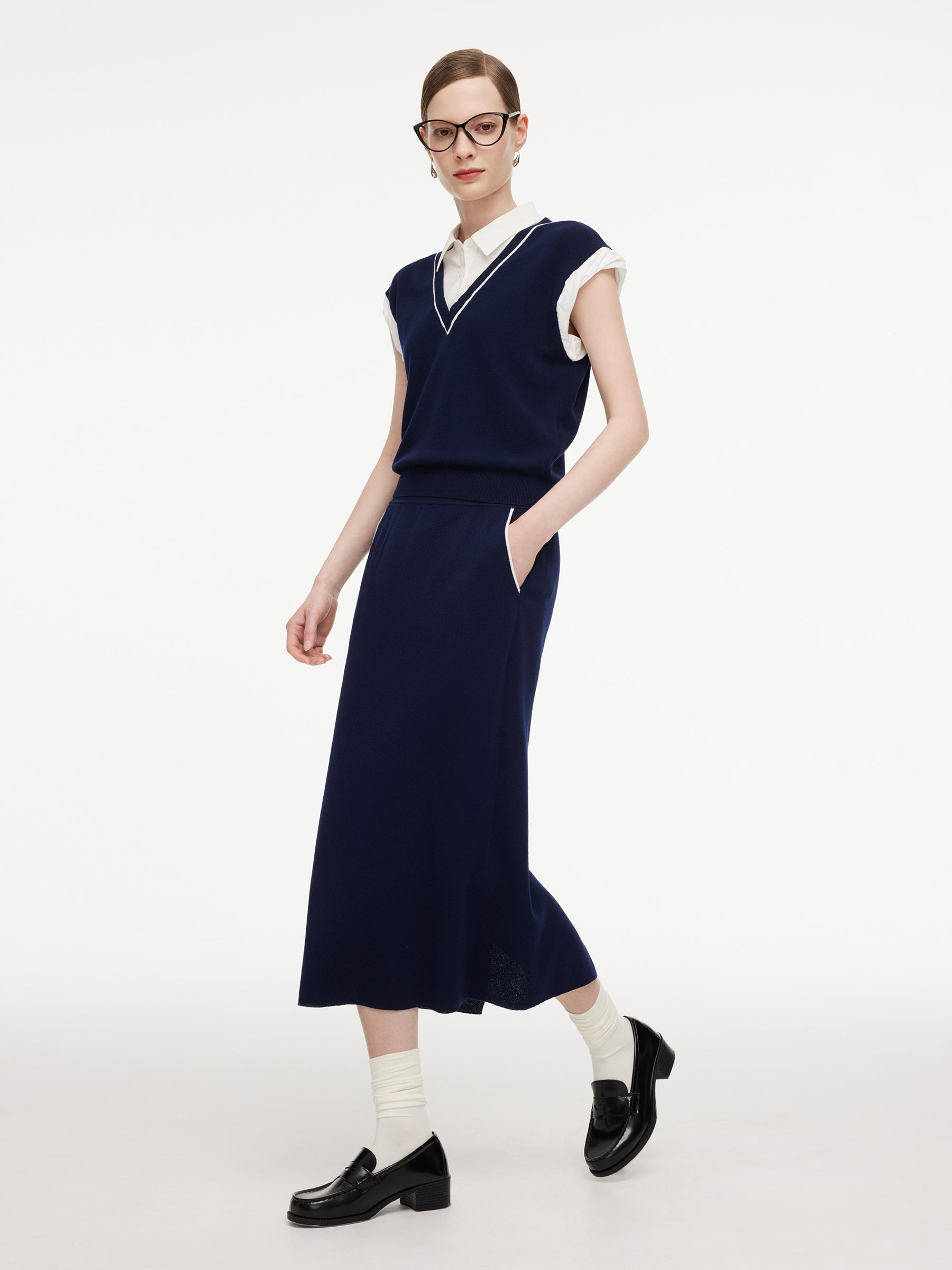 Tencel Blend Mock Layered Knit Top And Skirt Two-Piece Set GOELIA