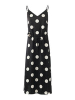 Acetate Polka Dots Printed Spaghetti Strap Women Midi Dress With Rose Belt GOELIA