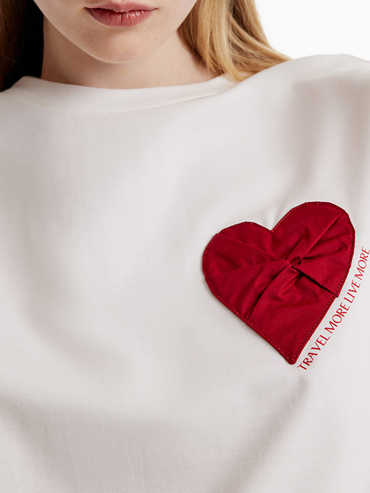 White Basic Heart Print T-Shirt GOELIA