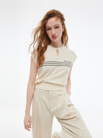 Tencel Blend Stripe Letter Print Women Cap Sleeve Knit Top GOELIA
